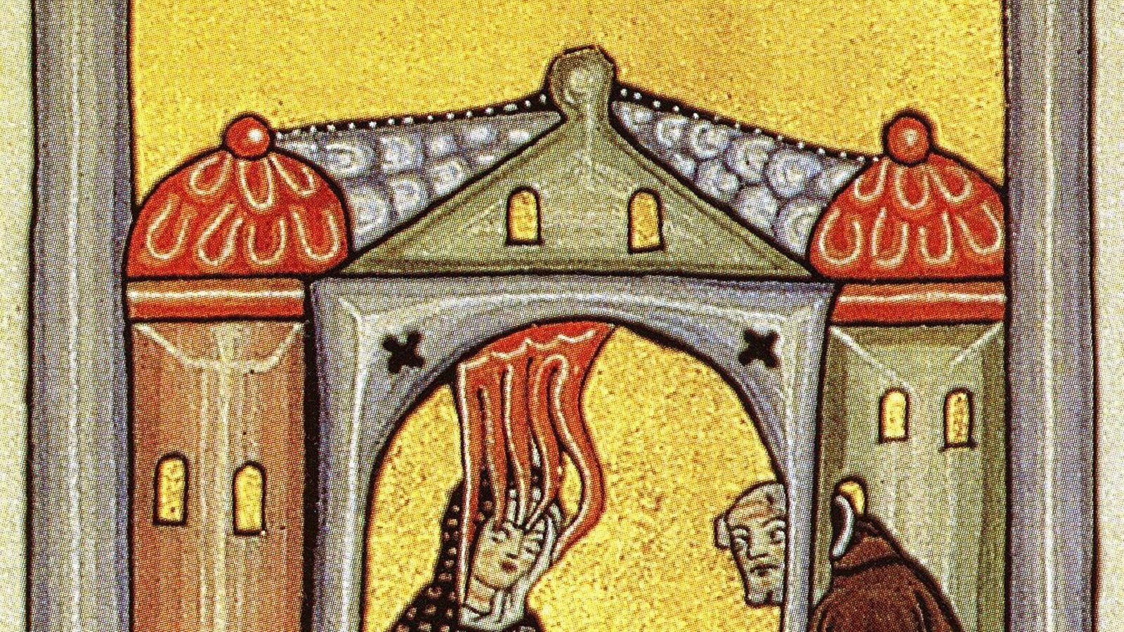 Scivias miniature: Hildegard of Bingen receiving a vision and dictating to the scribe Volmar
