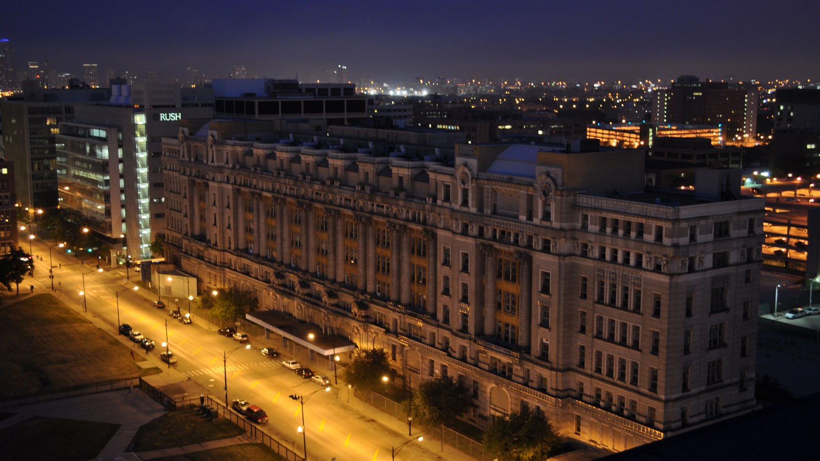The former Cook County Hospital in Chicago at night; a real building, not the ER set