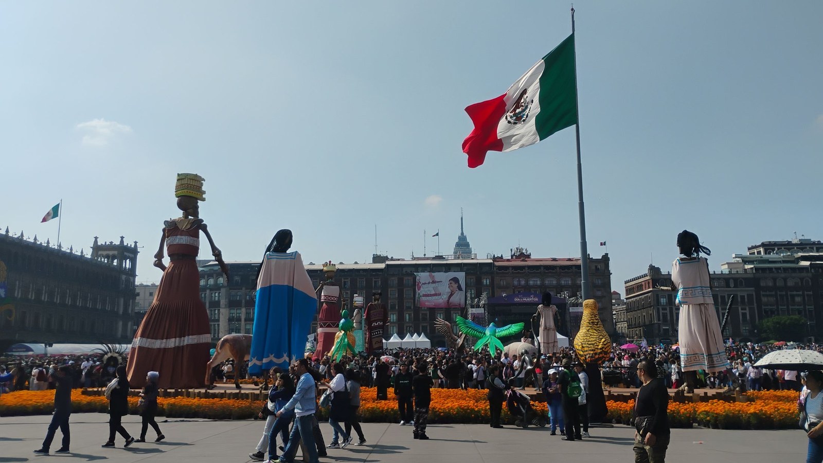 Public Día de Muertos installations in the Zócalo, Mexico City, 2025; not a cemetery and not 2026
