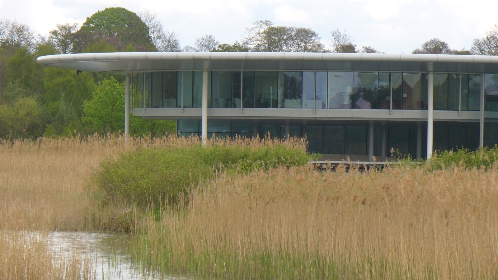McLaren Technology Centre din Woking, sediul de sticlă al grupului McLaren, văzut peste stufăriș și lac