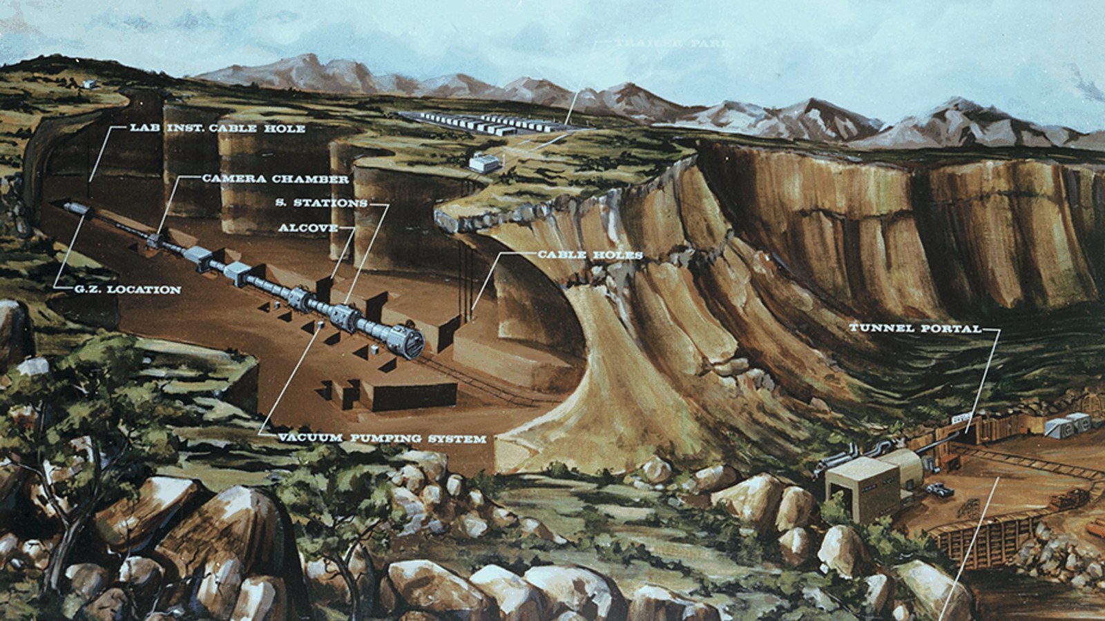 Schiță a unui test nuclear subteran în Rainier Mesa; nu detonarea din 1957