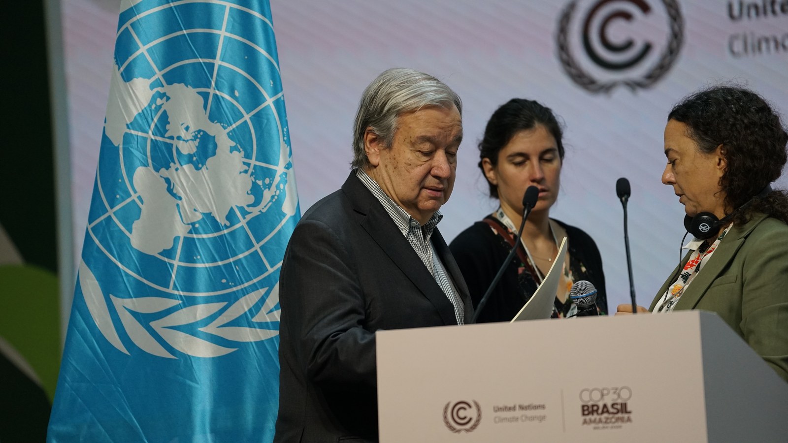 António Guterres at COP30 in Belém; not the Associated Press interview in New York