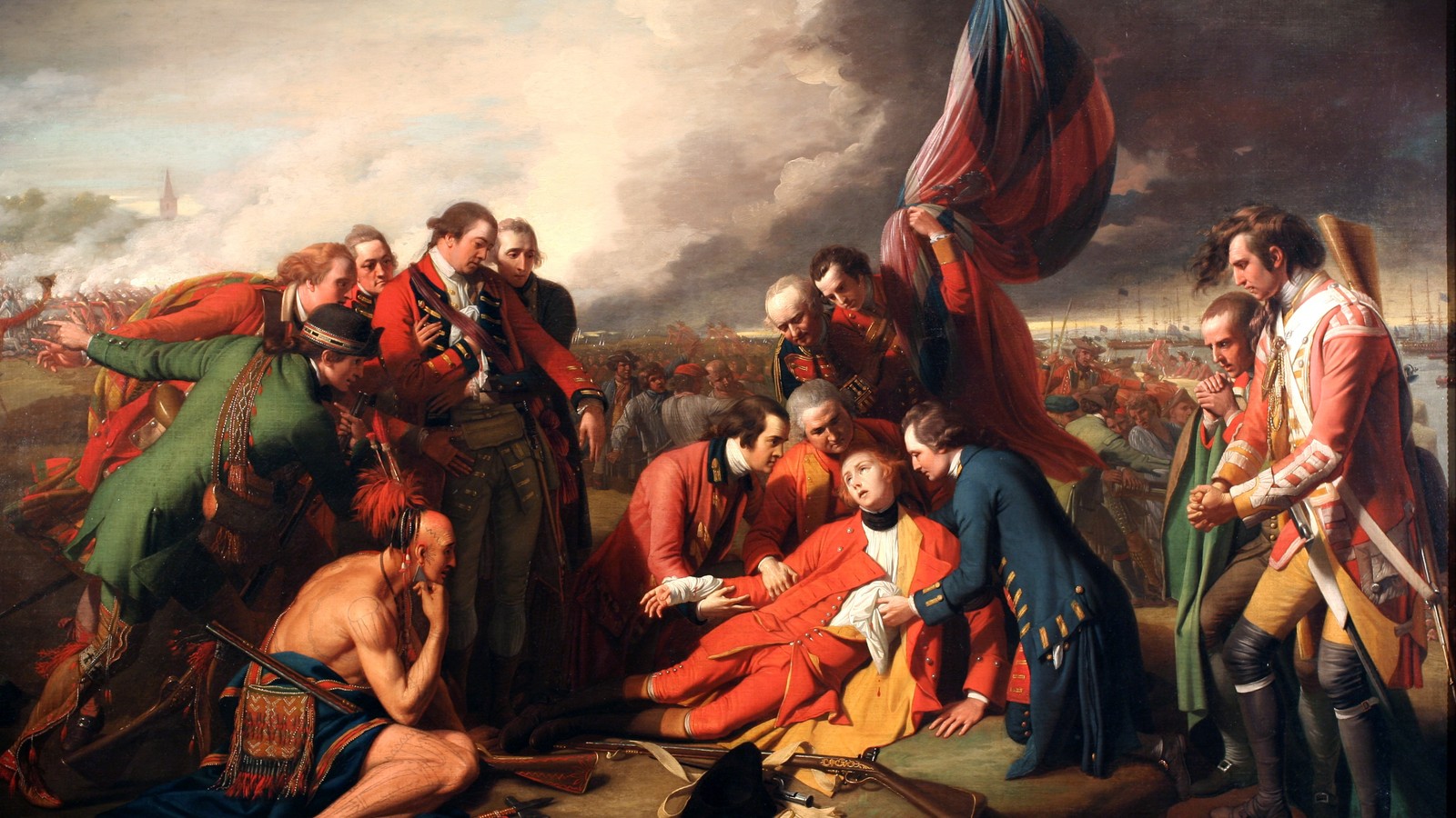 Pictura lui Benjamin West din 1770 The Death of General Wolfe, o reprezentare artistică a bătăliei de pe Câmpi…