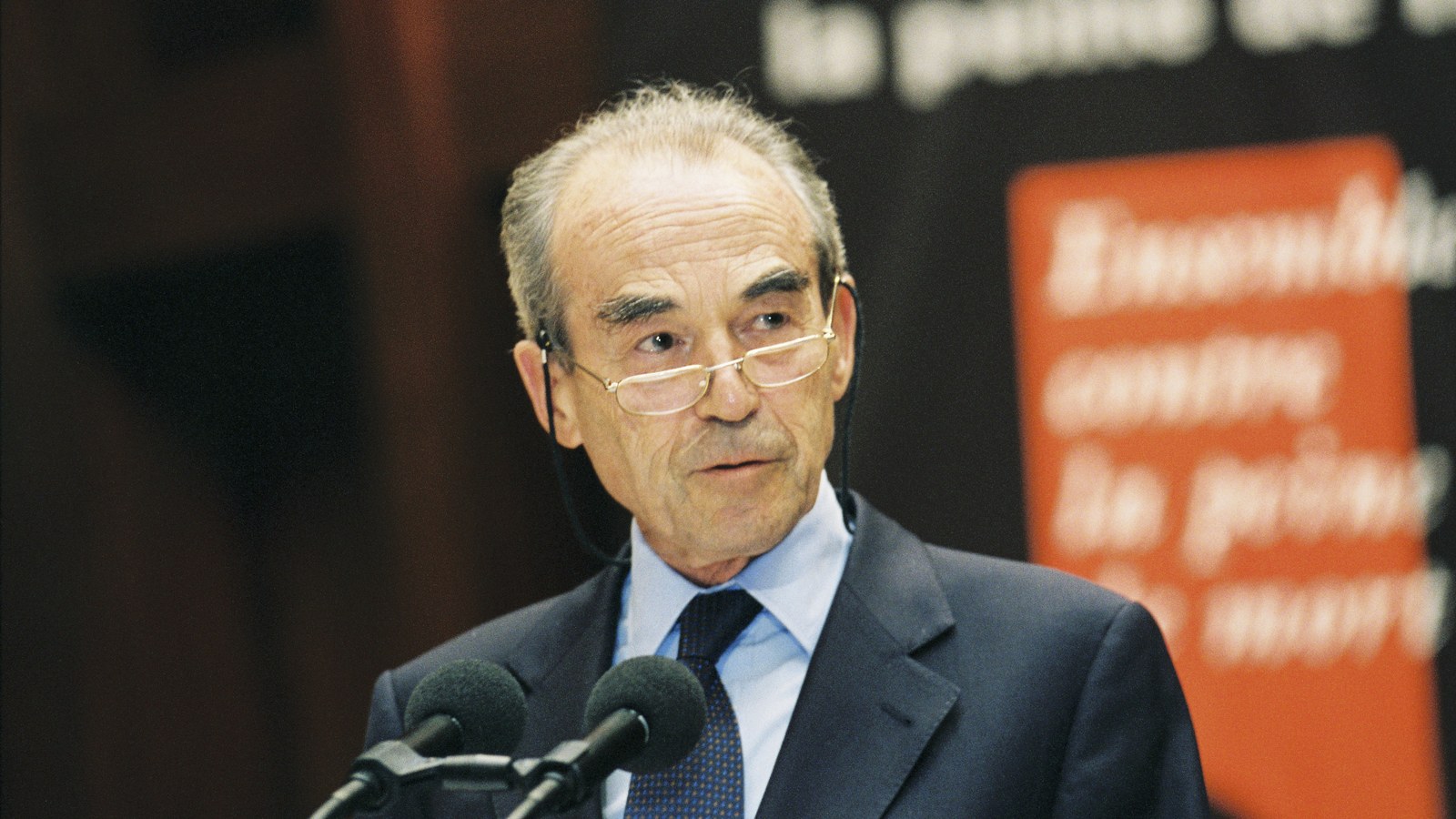 Robert Badinter speaking at a public event, archive photograph, not from the 1981 chamber vote