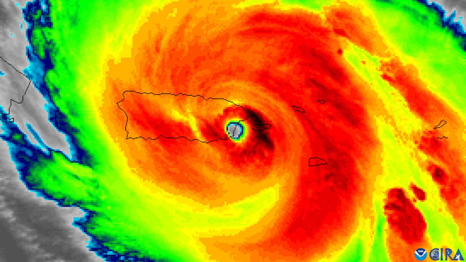 NOAA/CIRA satellite image of Hurricane Maria at landfall in Puerto Rico, 20 September 2017