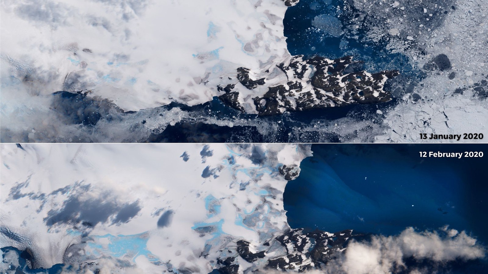 Gheață în Antarctica, imagini satelitare Copernicus din 2020; nu pragul climatic din 2026