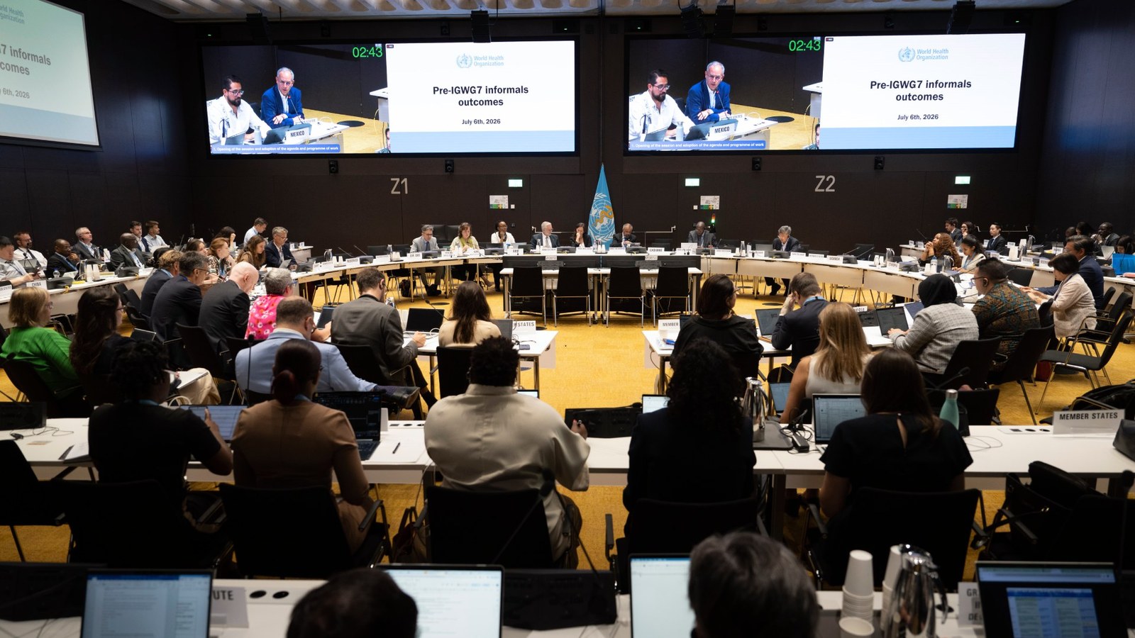 Delegates at the seventh meeting of the WHO Intergovernmental Working Group on the Pandemic Agreement, Geneva, 6 July 20…