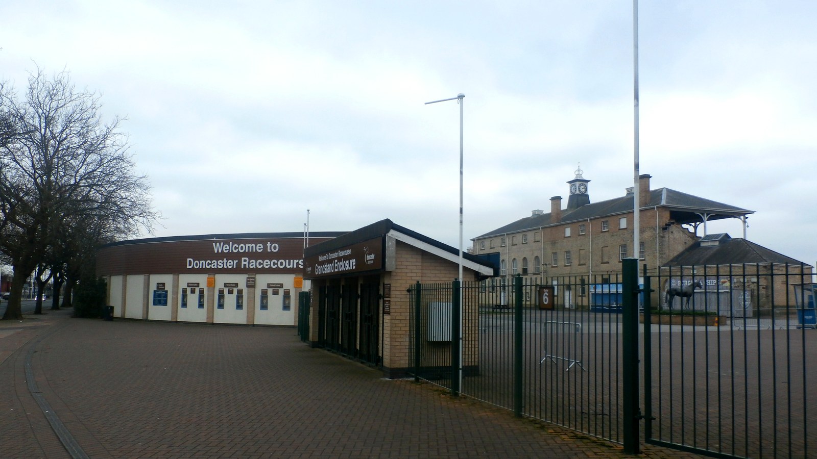Grandstand Enclosure entrance at Doncaster Racecourse, photographed in February 2017