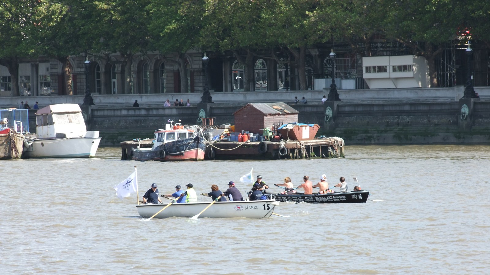 Fixed-seat crews on the River Thames during the Great River Race in London.