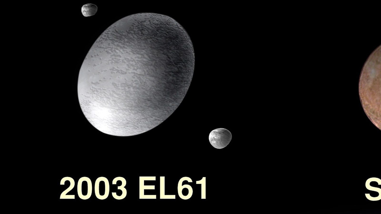 Ilustrație NASA a obiectului 2003 EL61, corpul alungit numit ulterior Haumea, cu doi sateliți