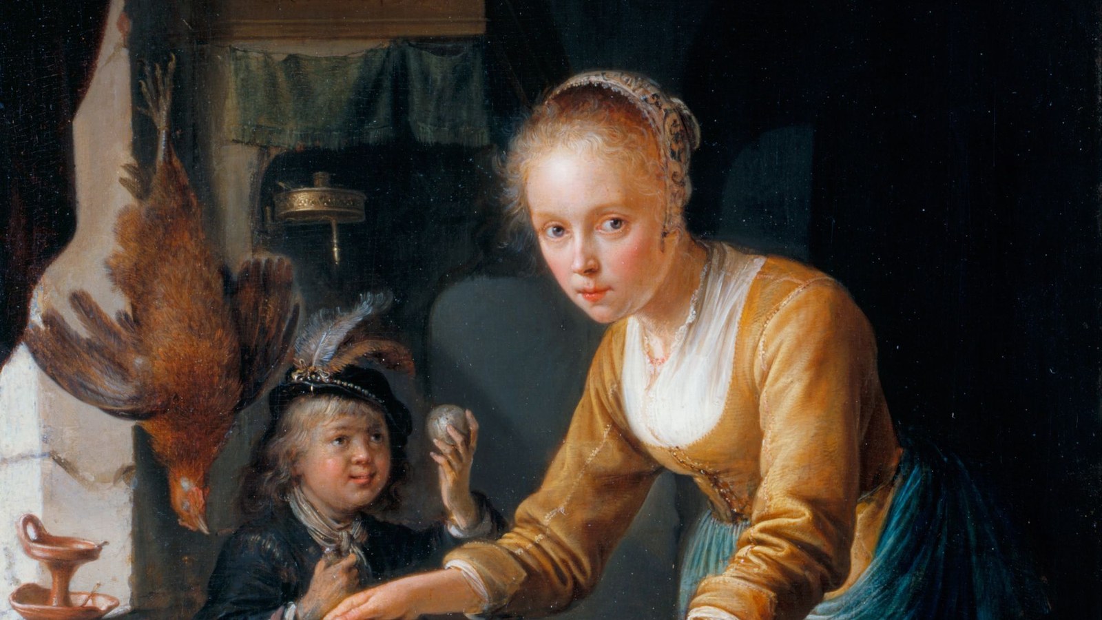 Pictură cu o fată care toacă ceapă, Gerrit Dou, secolul XVII; nu o bucătărie contemporană