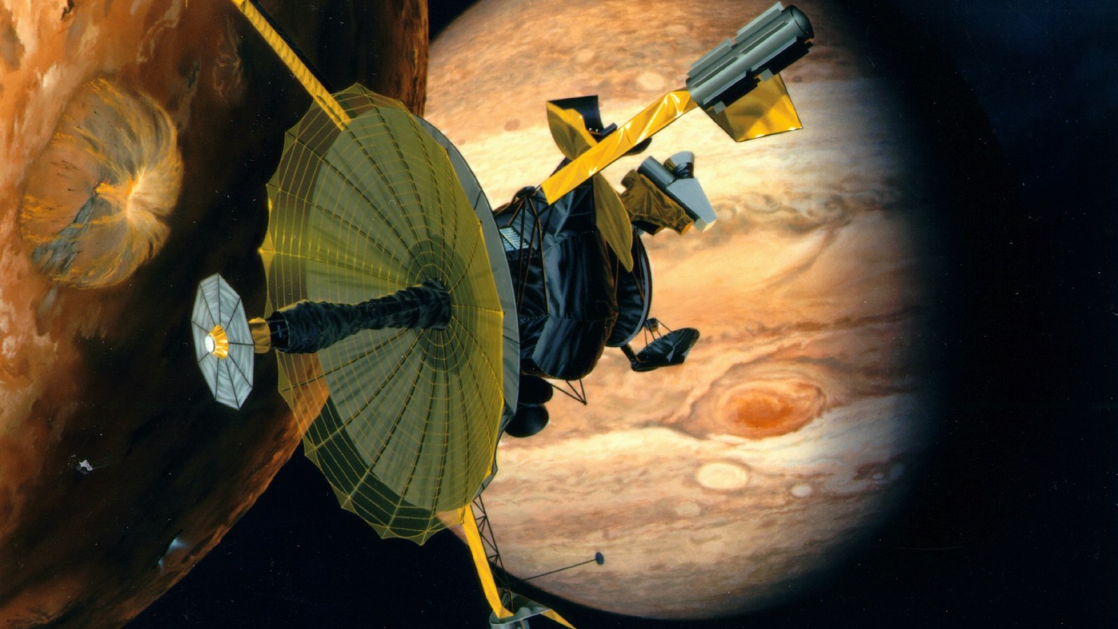 NASA artwork: Galileo beside Io and Jupiter; not a photograph of the 2003 plunge