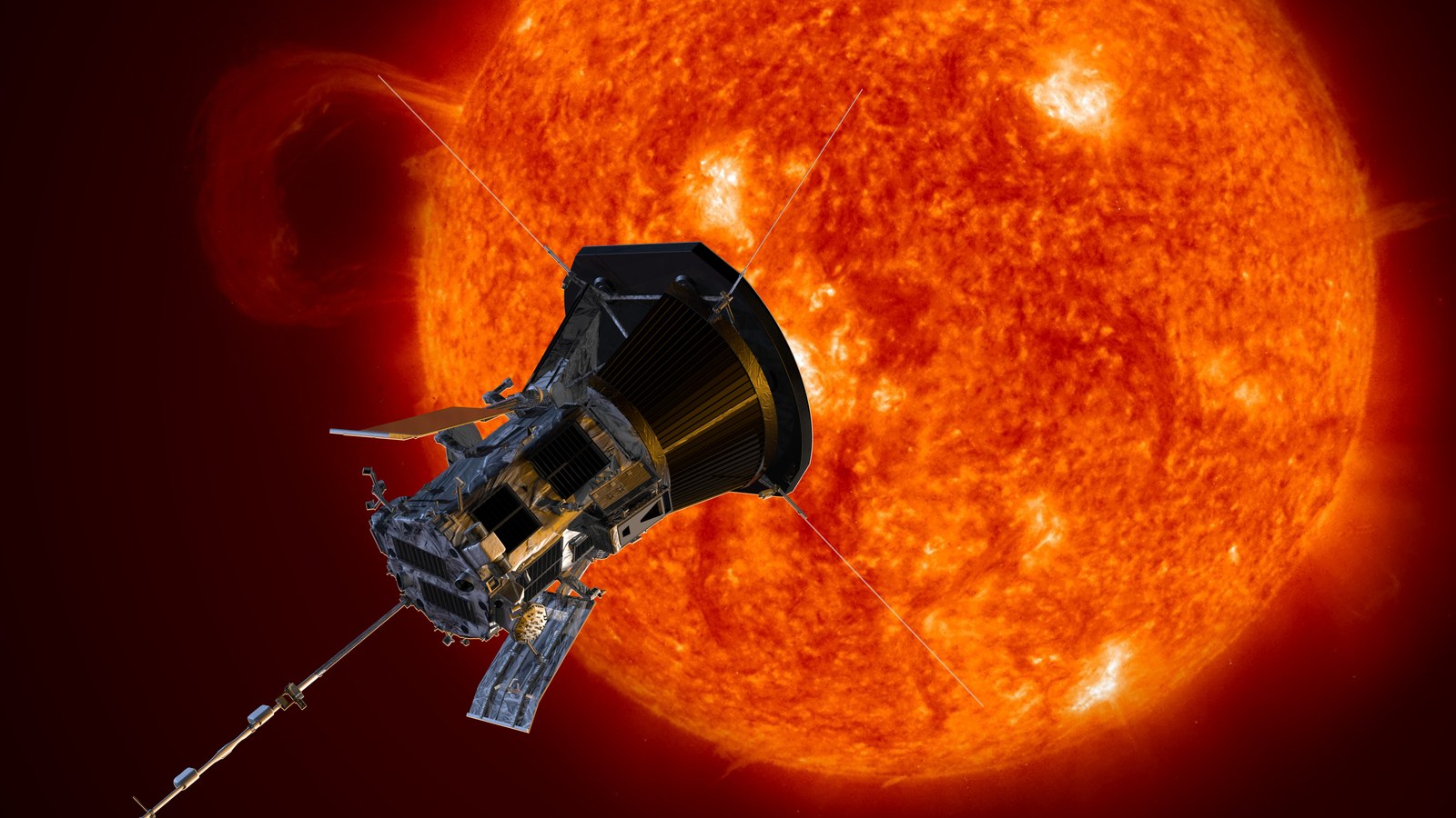 Concept artistic al sondei NASA Parker Solar Probe apropiindu-se de Soare.