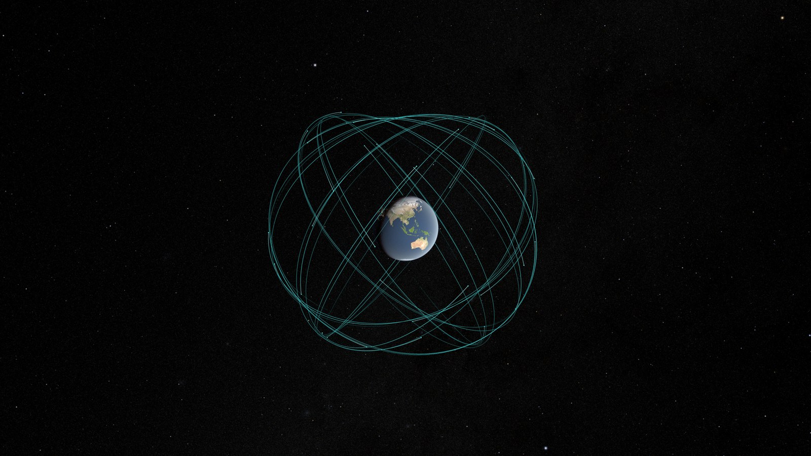 Vizualizare NASA a orbitelor sateliților GNSS în jurul Pământului, nu o fotografie de telefon