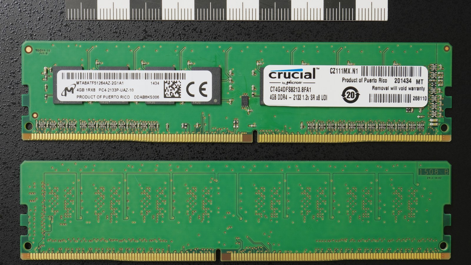 A 4 GB Crucial DDR4 DRAM module photographed front and back; a memory component, not a 2026 factory stockpile