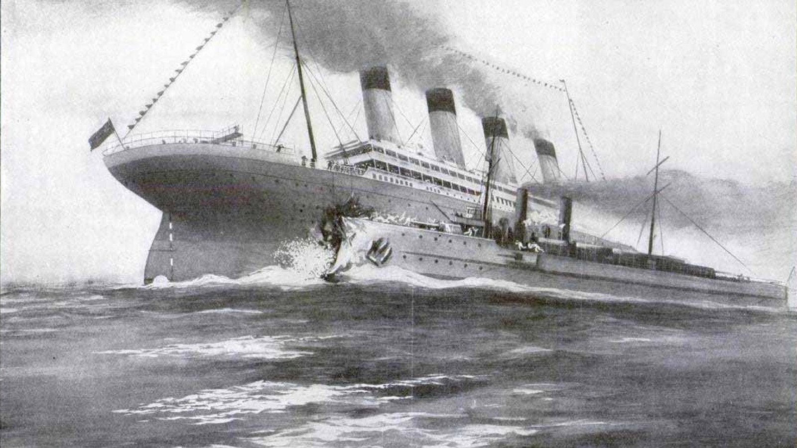 Period image of the Olympic–Hawke collision published in Popular Mechanics, November 1911